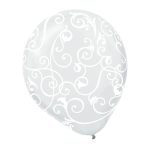 6 Pack-12" Clear w/ White Scroll All-Over Print Latex Balloon